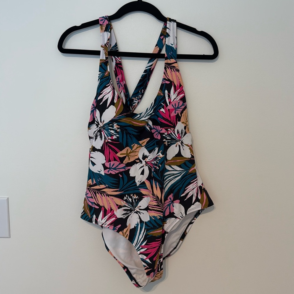 Kona Sol Womens Tropical Floral Cross Back One Piece Swimsuit Large